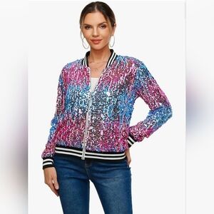 Thankpearl Sequin Bomber Jacket Long Sleeve Zipper with Pockets
